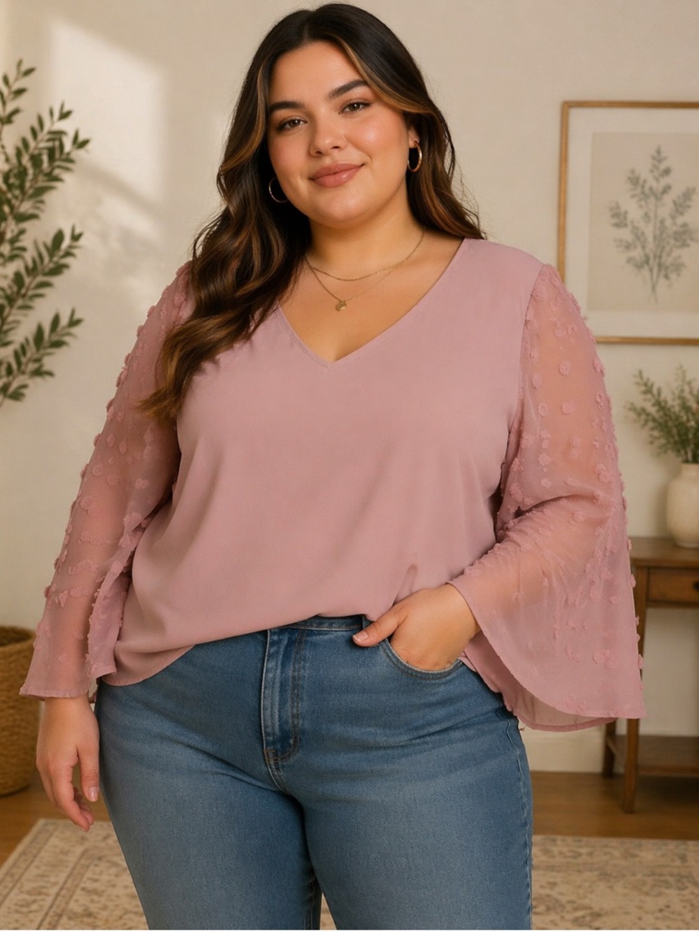 SHEIN Mauve V-Neck Blouse with Textured Sleeves